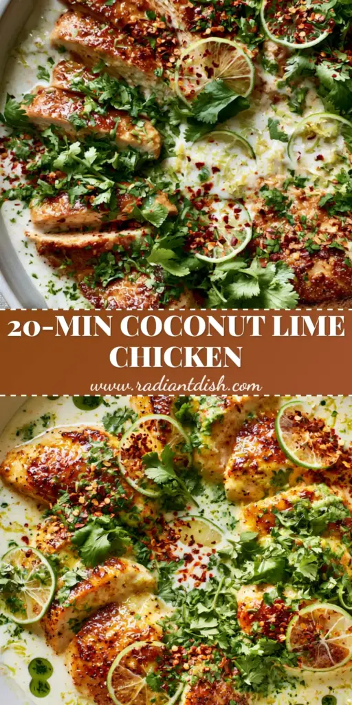 A top-down view of the finished coconut chicken recipe in a white skillet with lime wheels, cilantro, and green herb oil droplets. (coconut chicken recipe)