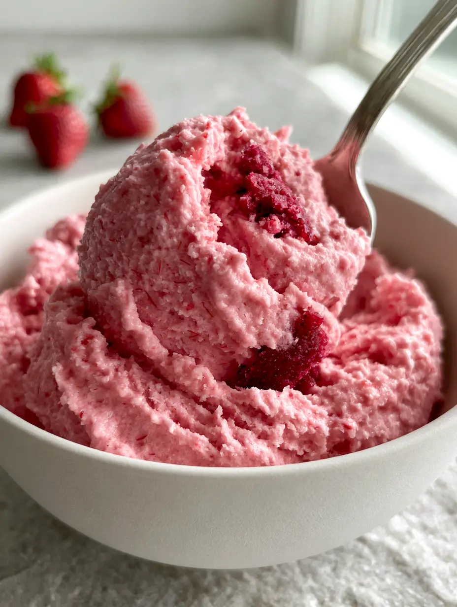 A POV shot of a silver spoon scooping into vibrant strawberry ice cream with fruit fibers. (Eiscreme Rezepte)
