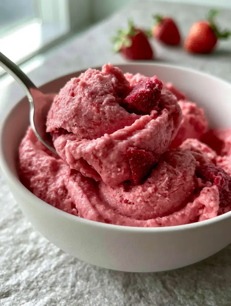 Detailed view of strawberry chunks and mint garnish on pink ice cream.