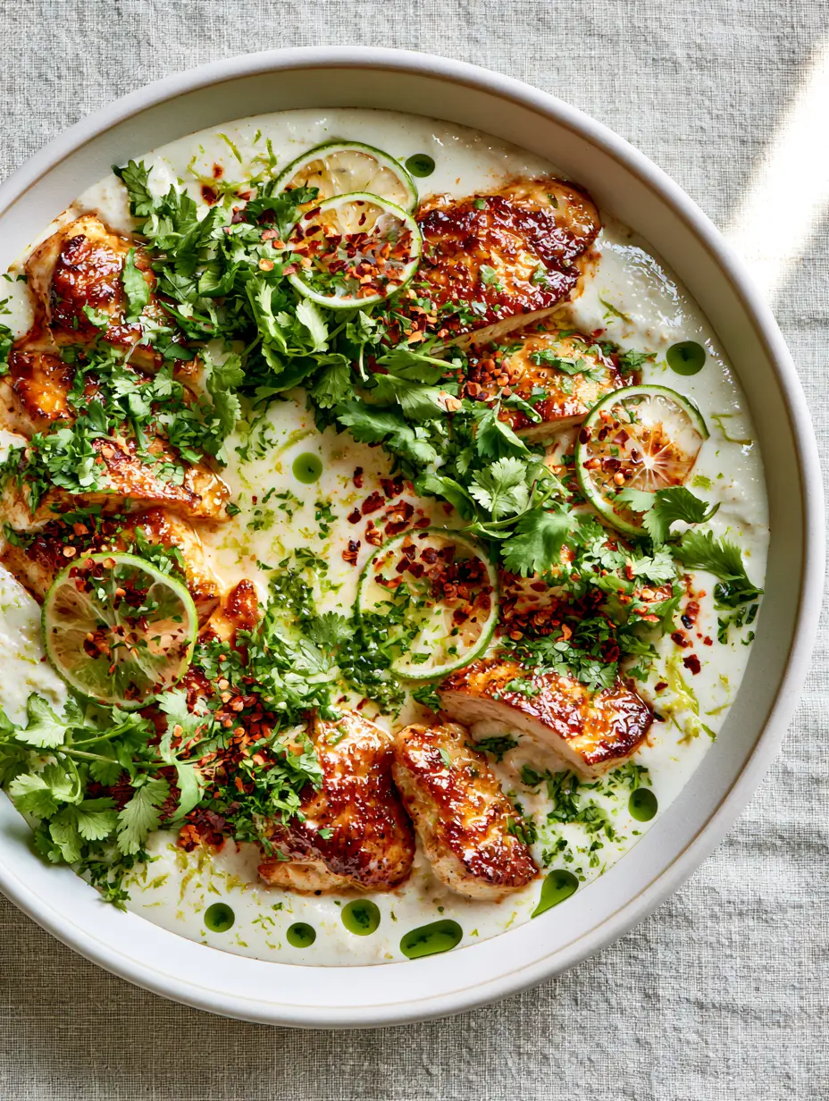 Close-up of seared golden-brown chicken slices in a thick coconut milk sauce with visible lime zest. (coconut chicken recipe)