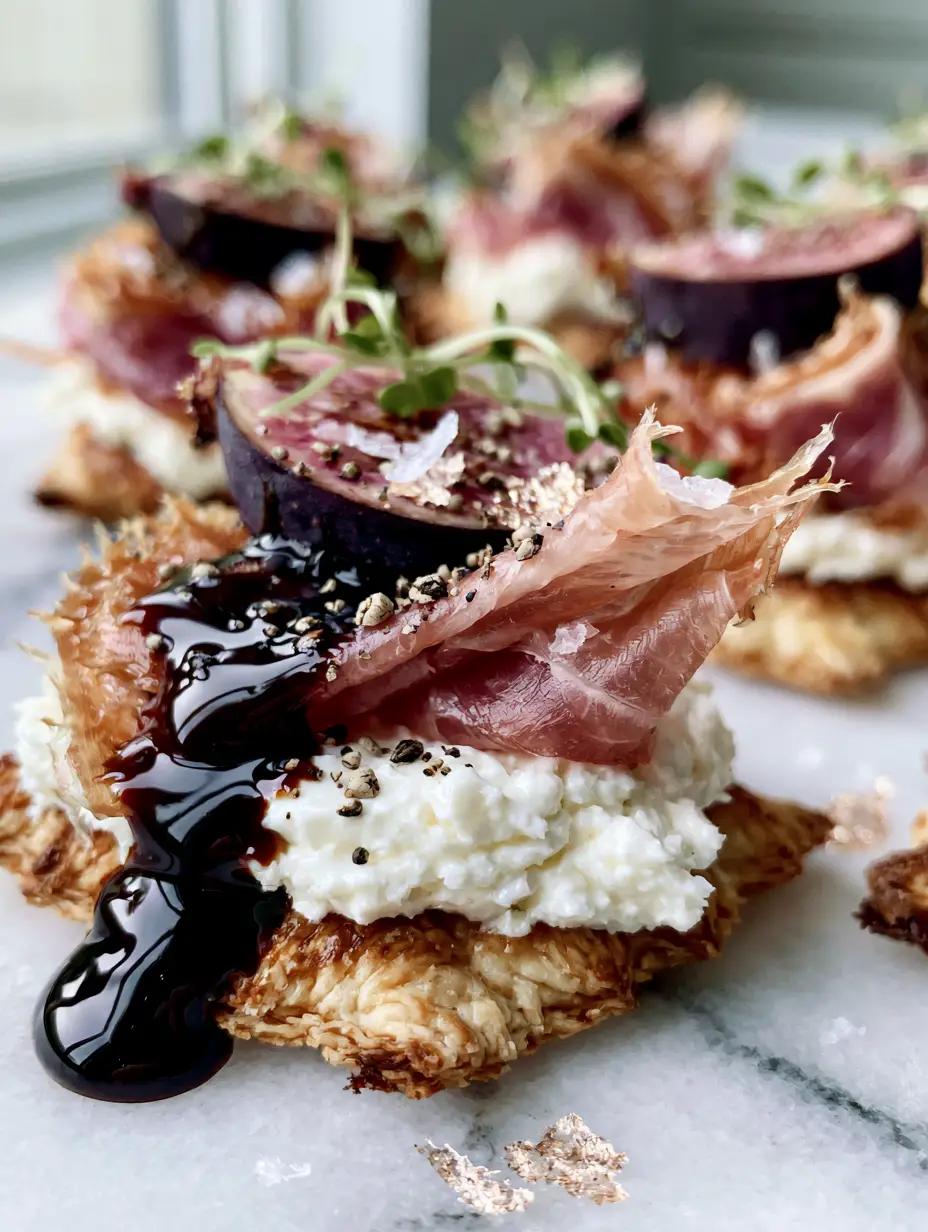 Close-up handheld photo of new year's eve snacks on a marble tray with glossy balsamic glaze drizzle.