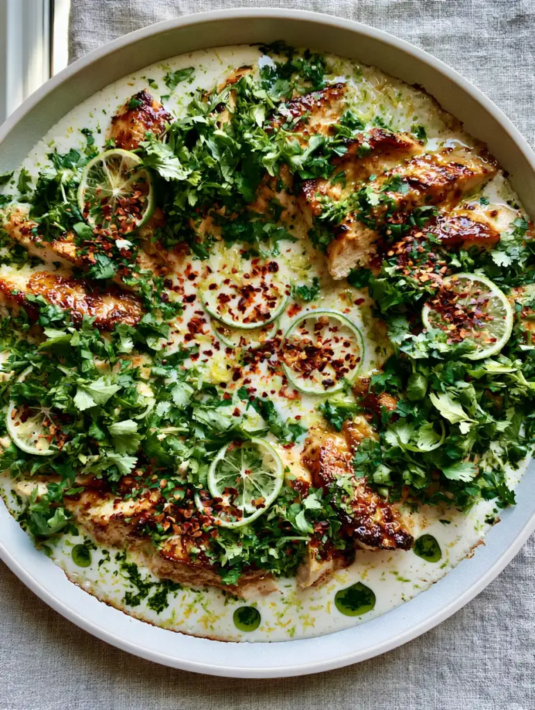 High-angle view of the coconut chicken skillet on a light gray linen background with natural light.