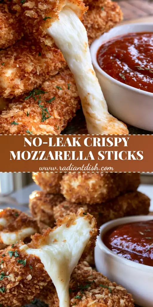A stack of golden-brown panko-breaded mozzarella sticks on a rustic wood board with an epic cheese pull and a bowl of marinara. (mozzarella sticks recipe)