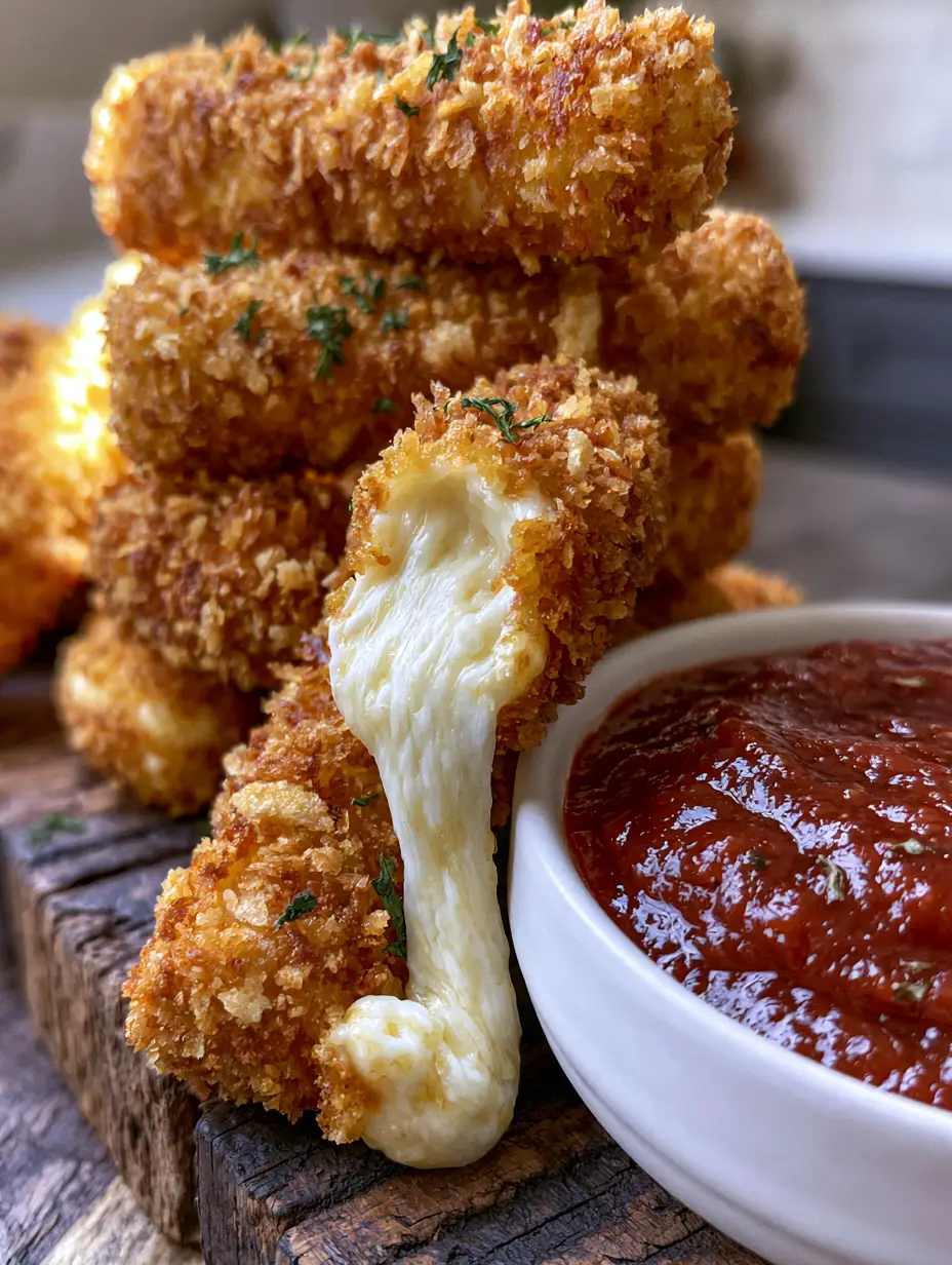 Handheld photo showing a long, stretchy melted cheese pull from a panko-breaded stick. (mozzarella sticks recipe)