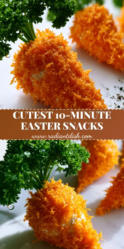 A minimalist white marble surface featuring carrot-shaped mini cheese balls made of orange cheddar and parsley stems. (easter finger foods)