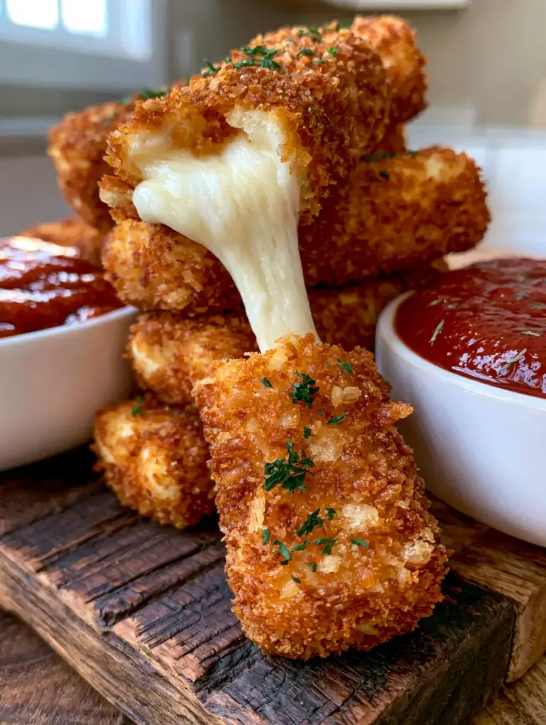 Detailed view of the craggy panko breading and green parsley flakes on fried mozzarella sticks.