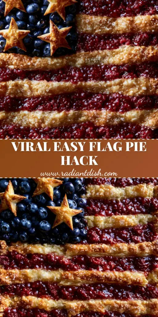 A stunning rectangular 4th of July pie on a marble countertop, featuring blueberry stars and raspberry stripes.