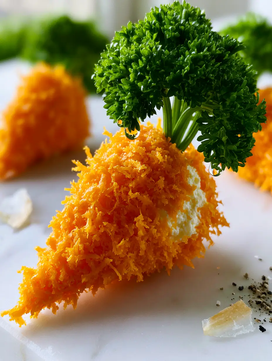 Top-down macro shot of a carrot-shaped appetizer with vibrant orange shredded cheese and green curly parsley. (easter finger foods)