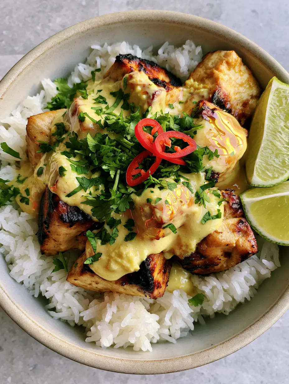 Detailed top-down view of steaming white jasmine rice and seared chicken cubes in a ceramic bowl, under natural morning light.