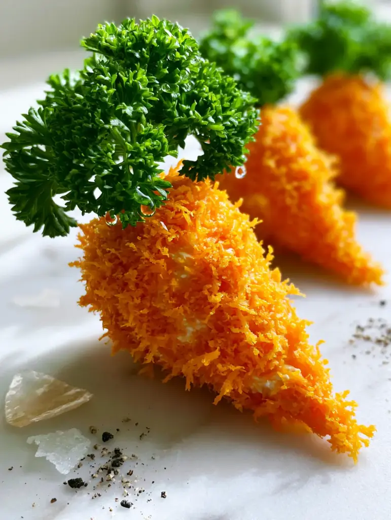 Three mini carrot appetizers on a white marble background with scattered sea salt and pepper.