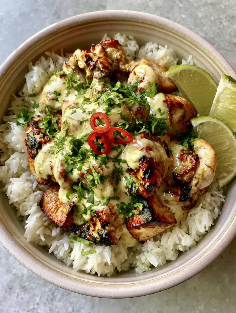 A vibrant Coconut Chicken Rice Bowl garnished with bright green cilantro and red chili slices on a neutral grey stone background.