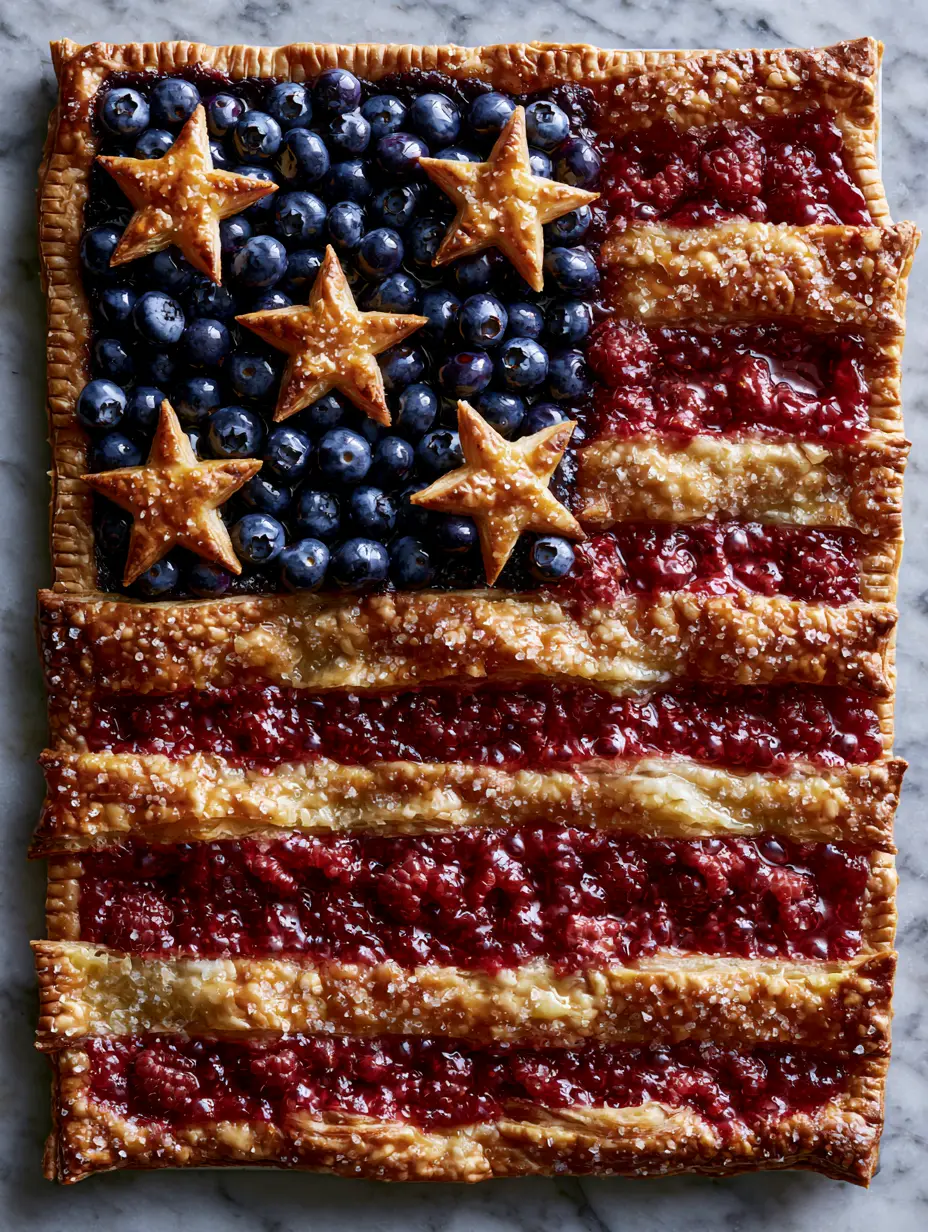 Top-down view of a 4th of July pie with golden pastry stars and bubbling red raspberry filling.