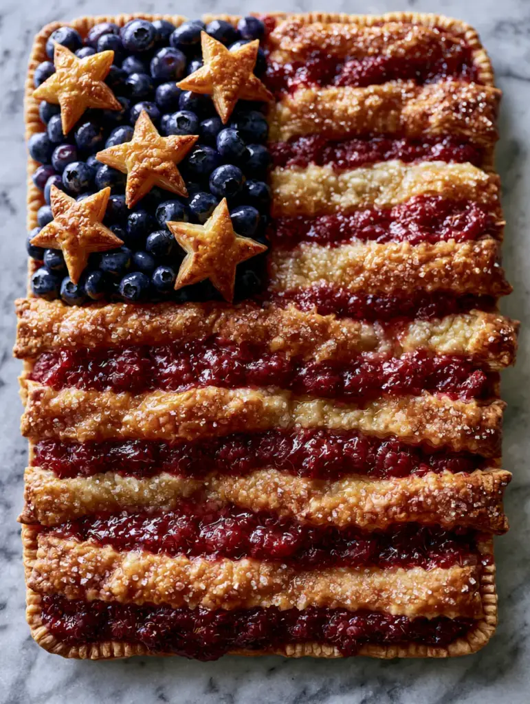 Close up of the flaky crust and sugar crystals on a sheet-pan 4th of July pie.