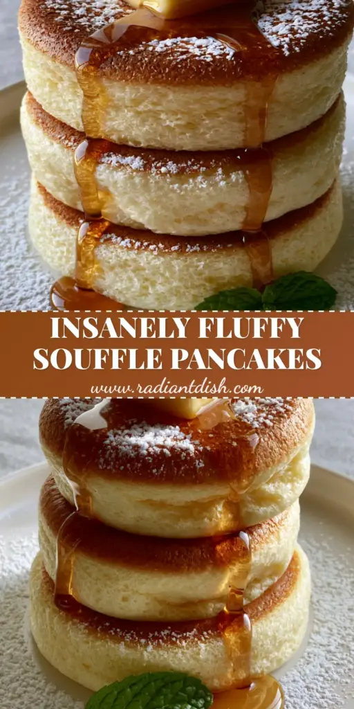 A tall stack of three Japanese souffle pancakes with melting butter and maple syrup on a white plate. (pancake ideas)