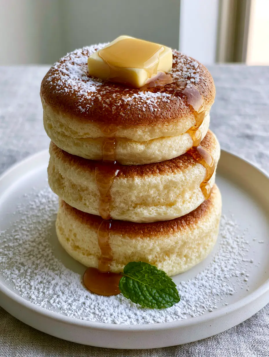 High resolution shot of three tall Japanese souffle pancakes with golden tops and airy sides. (pancake ideas)