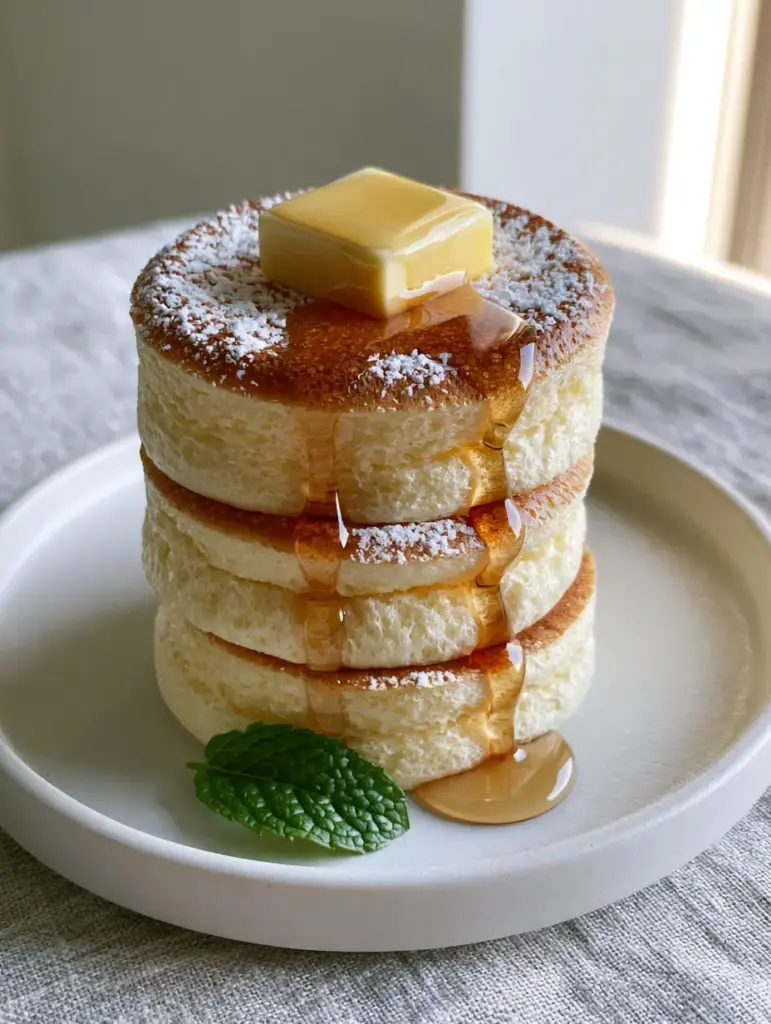 Close up of melting butter trailing down the sides of a tall pancake stack.