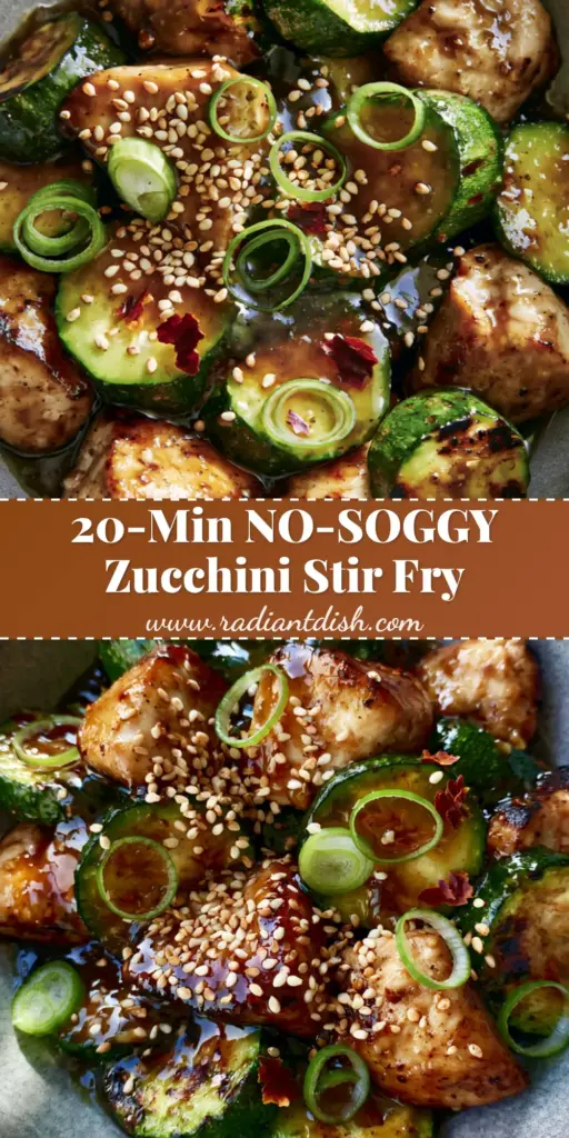 A high-angle shot of Chicken Zucchini Stir Fry in a matte-grey bowl with toasted sesame seeds and red chili flakes.