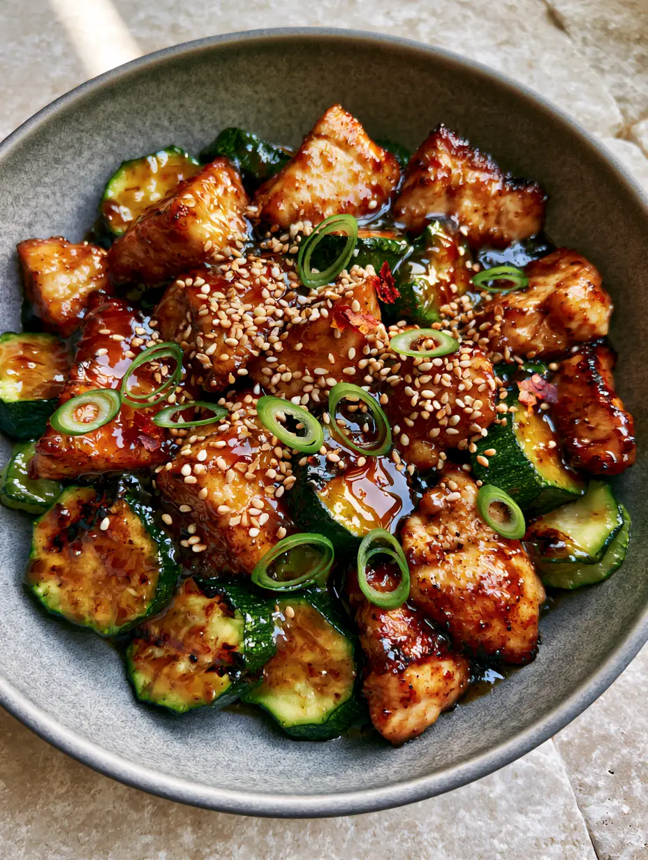 Close up of seared golden-brown chicken and charred zucchini in a dark amber glaze. (Chicken Zucchini Stir Fry)