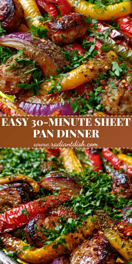 A weathered aluminum sheet pan filled with seared sausage coins and blistered tri-color peppers. (sausage and peppers recipe)