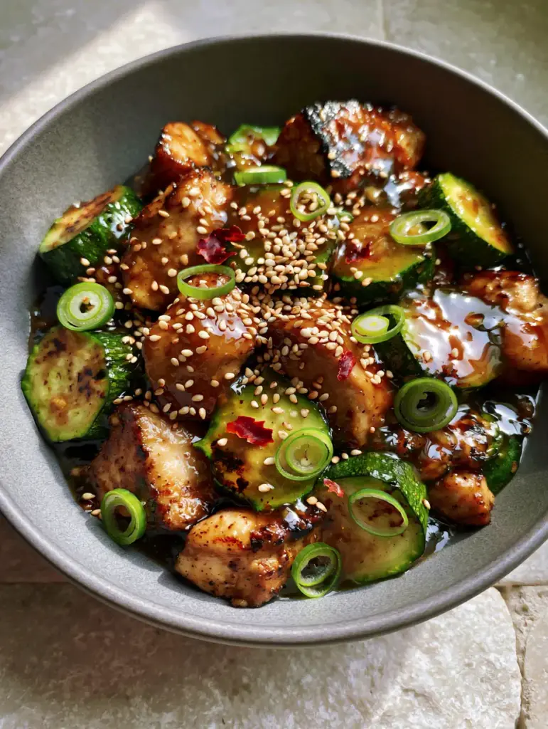 Top-down view of Chicken Zucchini Stir Fry showing vibrant green scallions and sesame seeds.