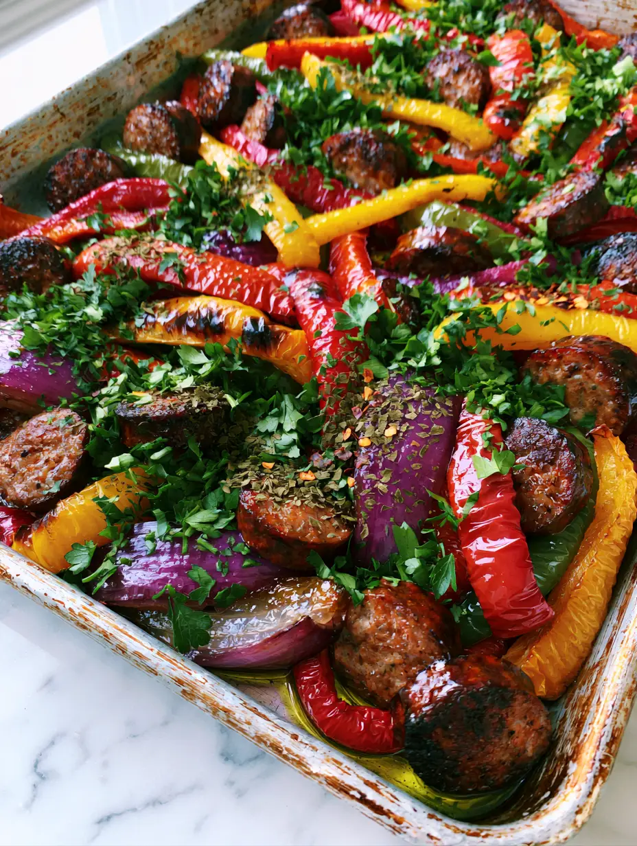 Close up of charred red and yellow bell peppers with seared Italian sausage coins. (sausage and peppers recipe)