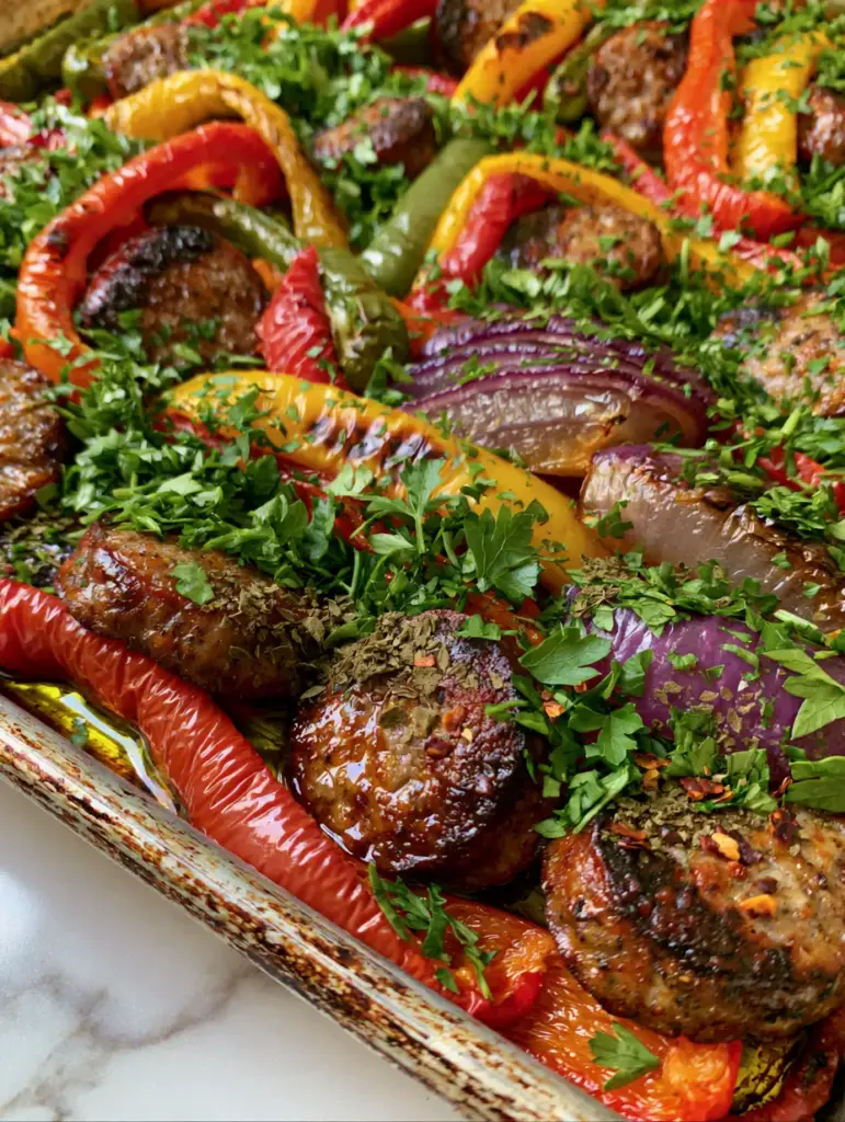 Translucent caramelized red onions and glistening peppers on a sheet pan. (sausage and peppers recipe)