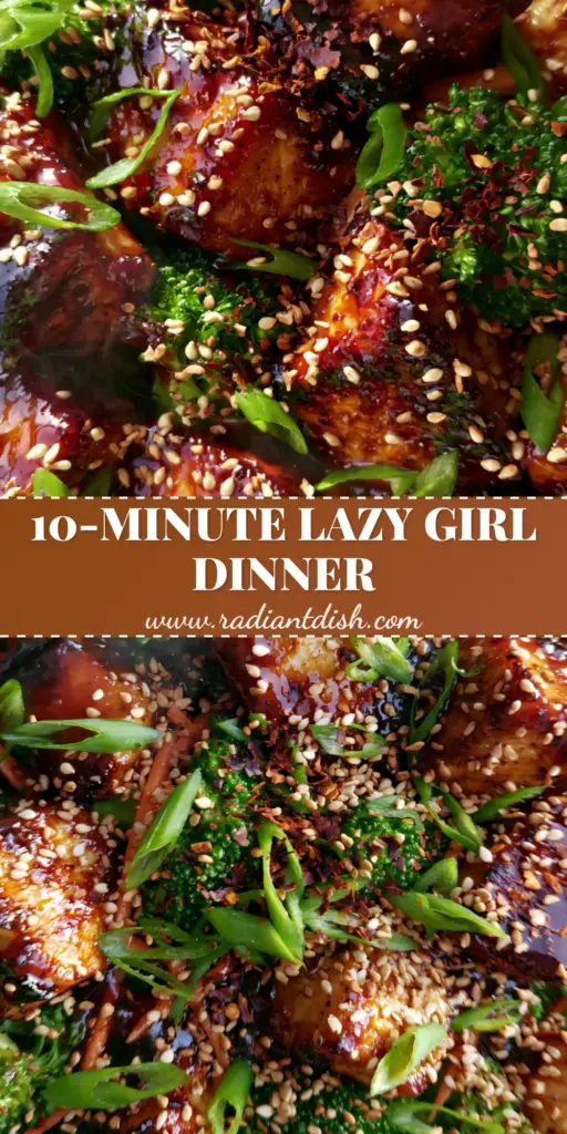 A top-down photo of a honey garlic chicken stir-fry with glossy amber glaze, broccoli, and sesame seeds. (quick recipes)