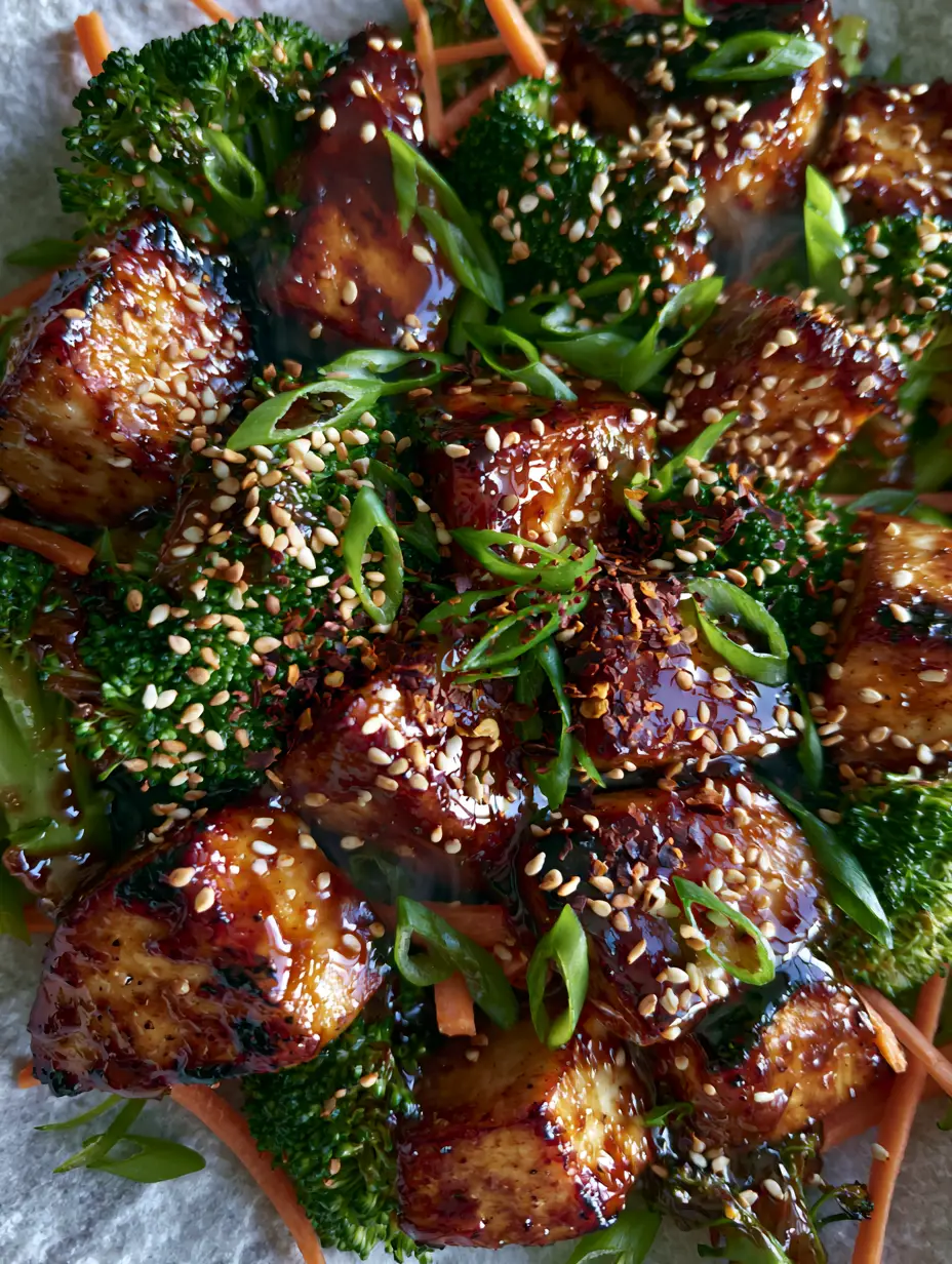 Detailed smartphone photo of seared chicken cubes and emerald broccoli in a reflective amber sauce. (quick recipes)
