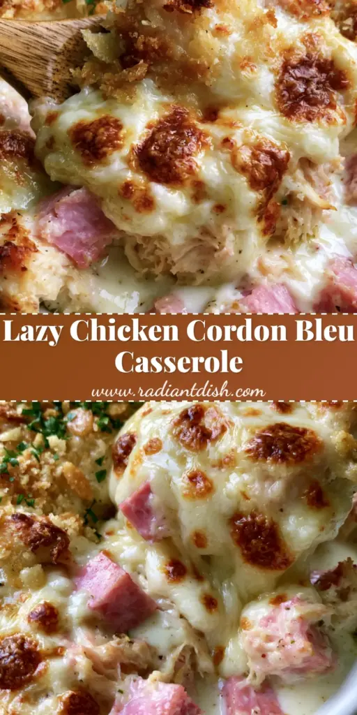 A bubbling Chicken Cordon Bleu casserole in a white ceramic dish with a dramatic cheese pull from a wooden spoon. (Chicken Cordon Bleu recipe)