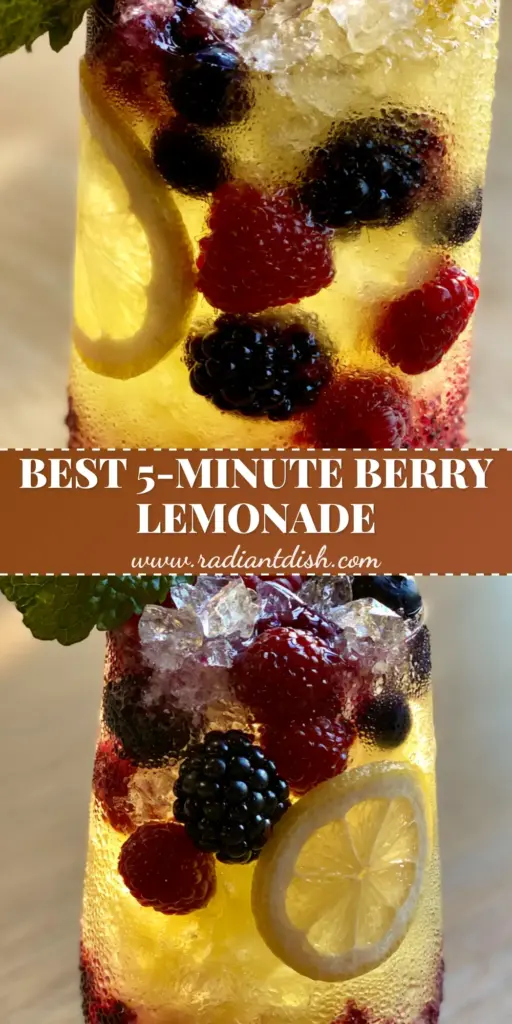 A tall glass of Triple Berry Lemonade with a purple berry gradient at the bottom and yellow lemonade on top, garnished with mint and a striped straw.