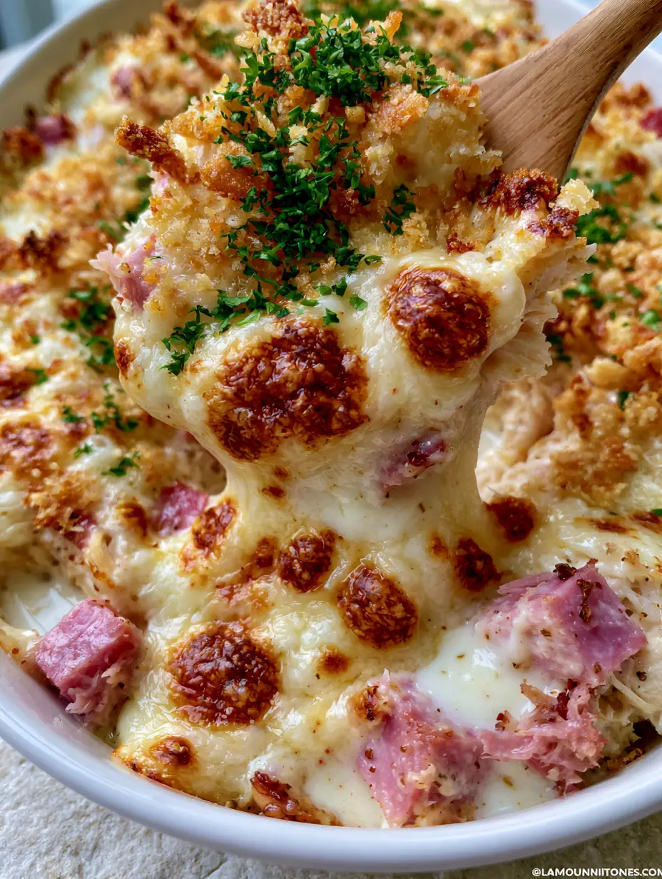 Extreme close-up of melted Swiss cheese with golden-brown spots and toasted panko on a Chicken Cordon Bleu recipe.