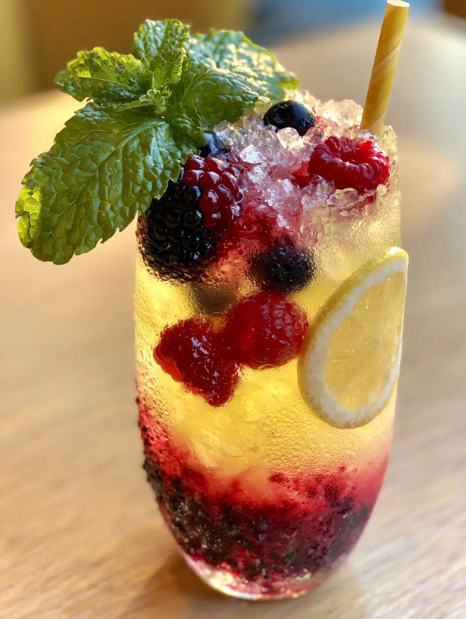 Close up of crushed ice and suspended whole berries in a Triple Berry Lemonade glass with condensation droplets.