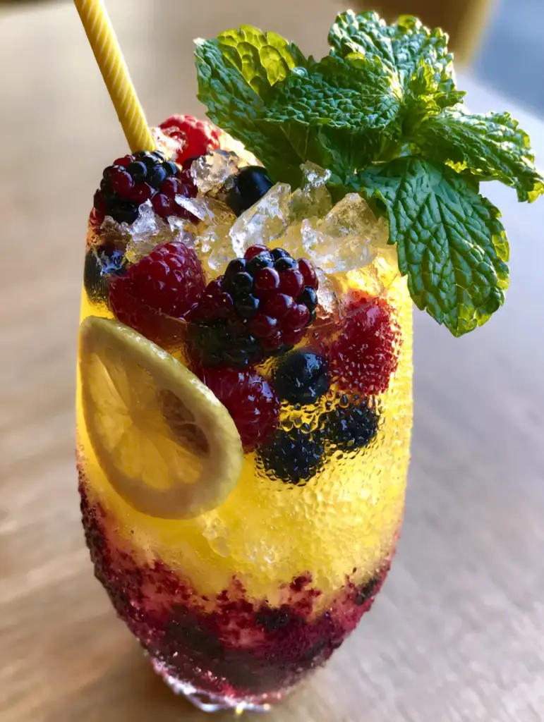 A wide shot of the Triple Berry Lemonade on a light wood surface under warm golden hour sunlight.