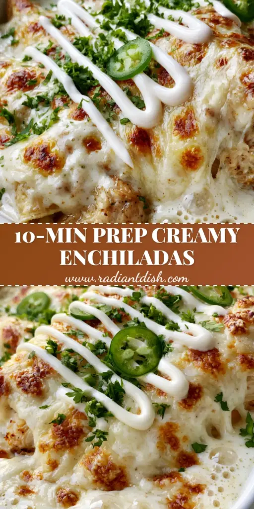 A close-up of a white ceramic dish featuring the chicken enchiladas recipe with a massive cheese pull, white cream sauce, and fresh jalapeños.