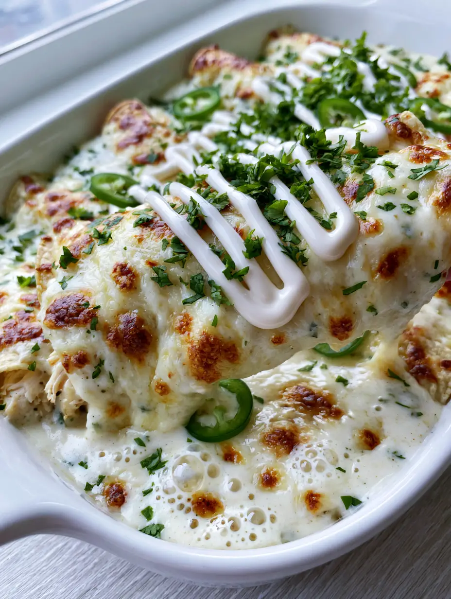 Overhead shot of creamy chicken enchiladas in a white baking dish with zig-zag crema drizzle and green cilantro. (chicken enchiladas recipe)