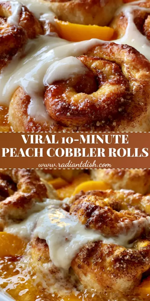 A ceramic baking dish filled with Peach Cobbler Cinnamon Rolls, vibrant orange peaches, and thick white icing.