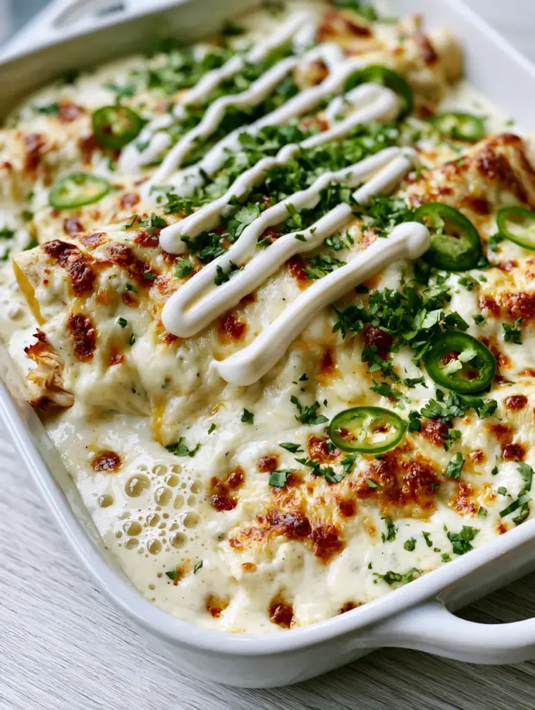 Side view of one enchilada being lifted, showing juicy shredded chicken and melted Monterey Jack cheese bubbles.