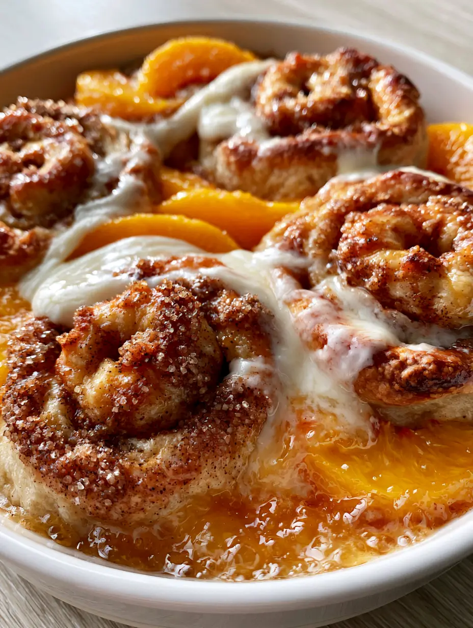 Extreme close-up top-down shot of golden-brown Peach Cobbler Cinnamon Rolls with melted white icing.