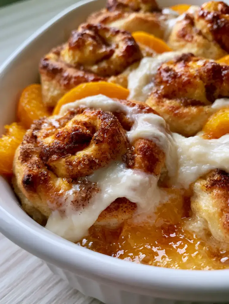 Puffed cinnamon rolls nestled among orange peaches in a white ceramic dish with amber glaze.