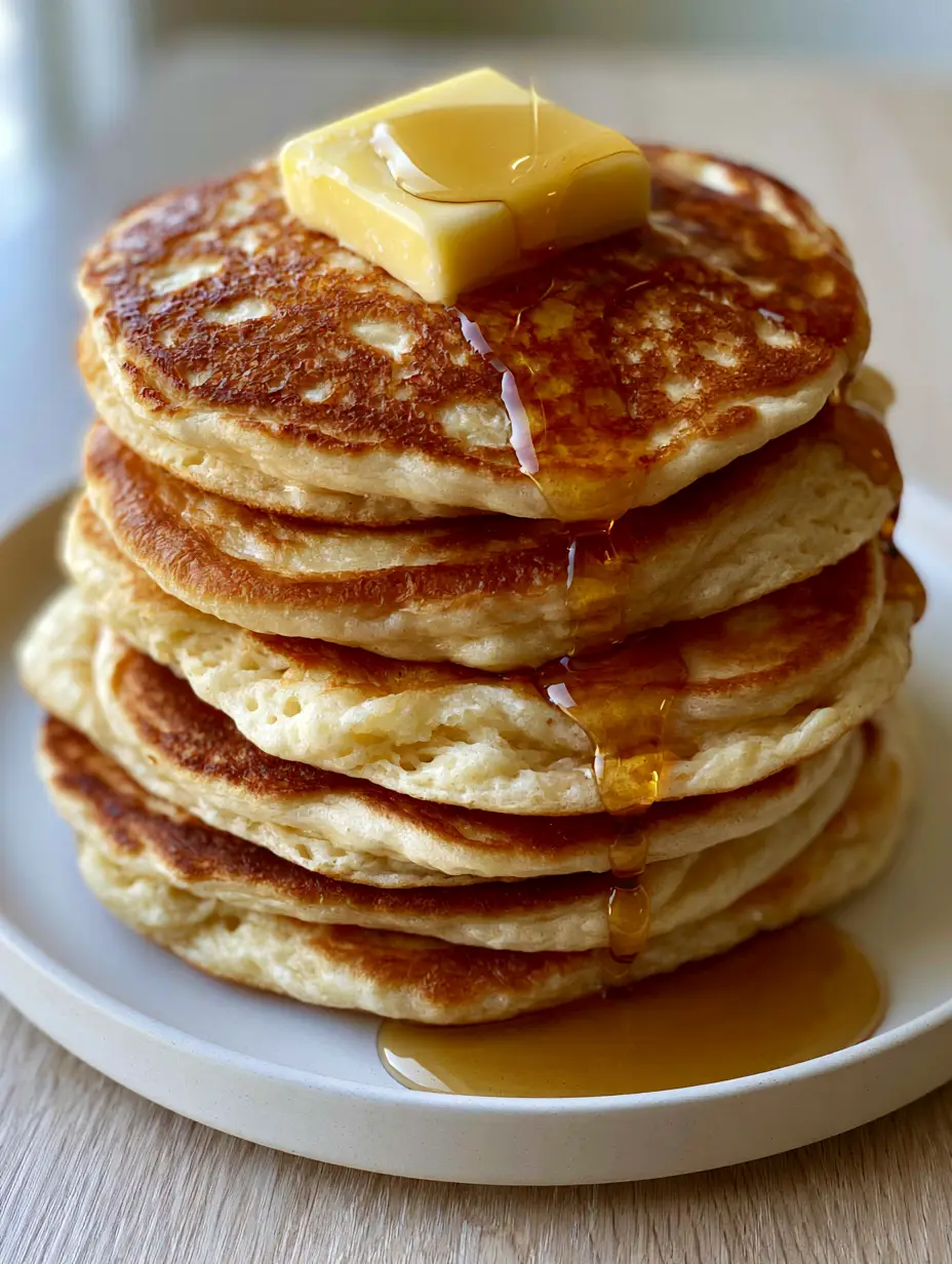 Close-up of a sky-high stack of six extra-thick buttermilk pancakes with aerated edges and golden syrup. (fluffy pancakes recipe)