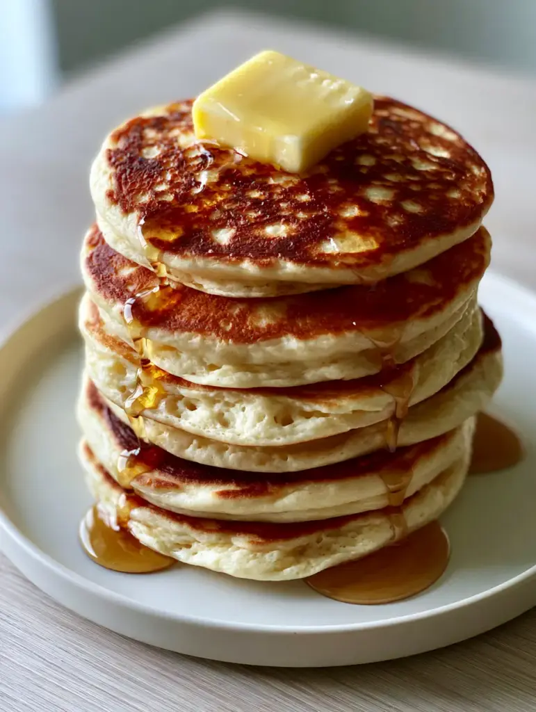 A top-down 45-degree angle shot of fluffy pancakes on a matte ceramic plate with melting salted butter.