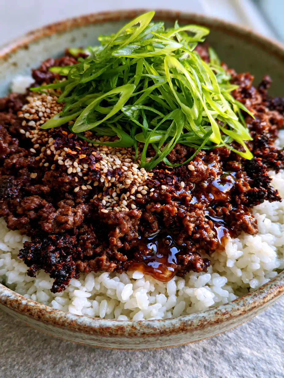 Close-up of seared crumbly ground beef with a thick glossy amber glaze in a stone bowl. (ground beef bowl recipes)