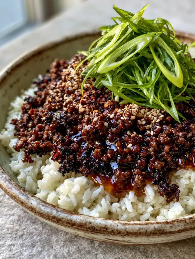A mountain of thinly sliced neon-green scallions and sesame seeds on top of a beef rice bowl.