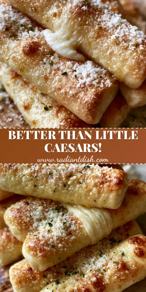 A stack of buttery Little Caesars style stuffed breadsticks on parchment paper with a cheese pull. (Little Caesars)