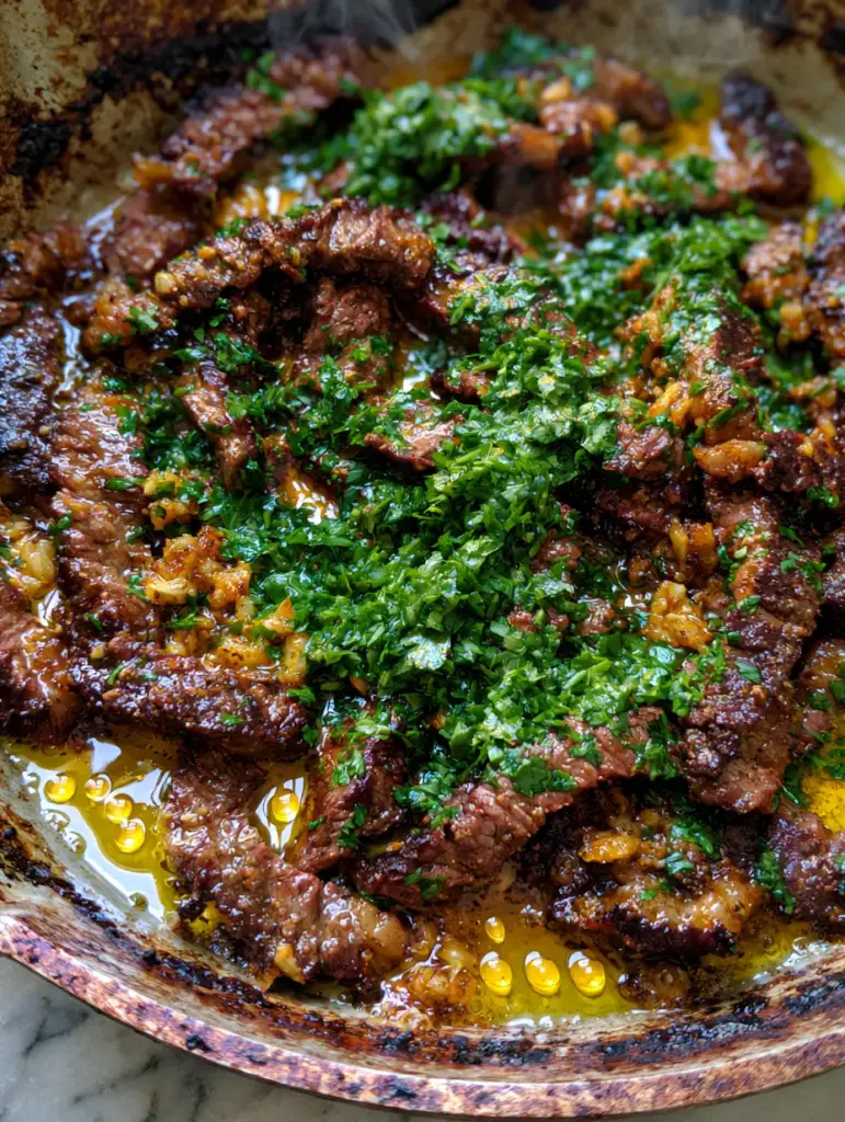 Thinly sliced ribeye steak recipes sizzling in a pool of golden garlic butter with fresh parsley.
