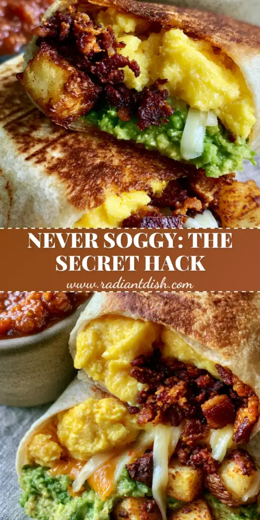 A close-up of a sliced-in-half breakfast burritos recipe showing layers of eggs, bacon, potatoes, and avocado with fire-roasted salsa.