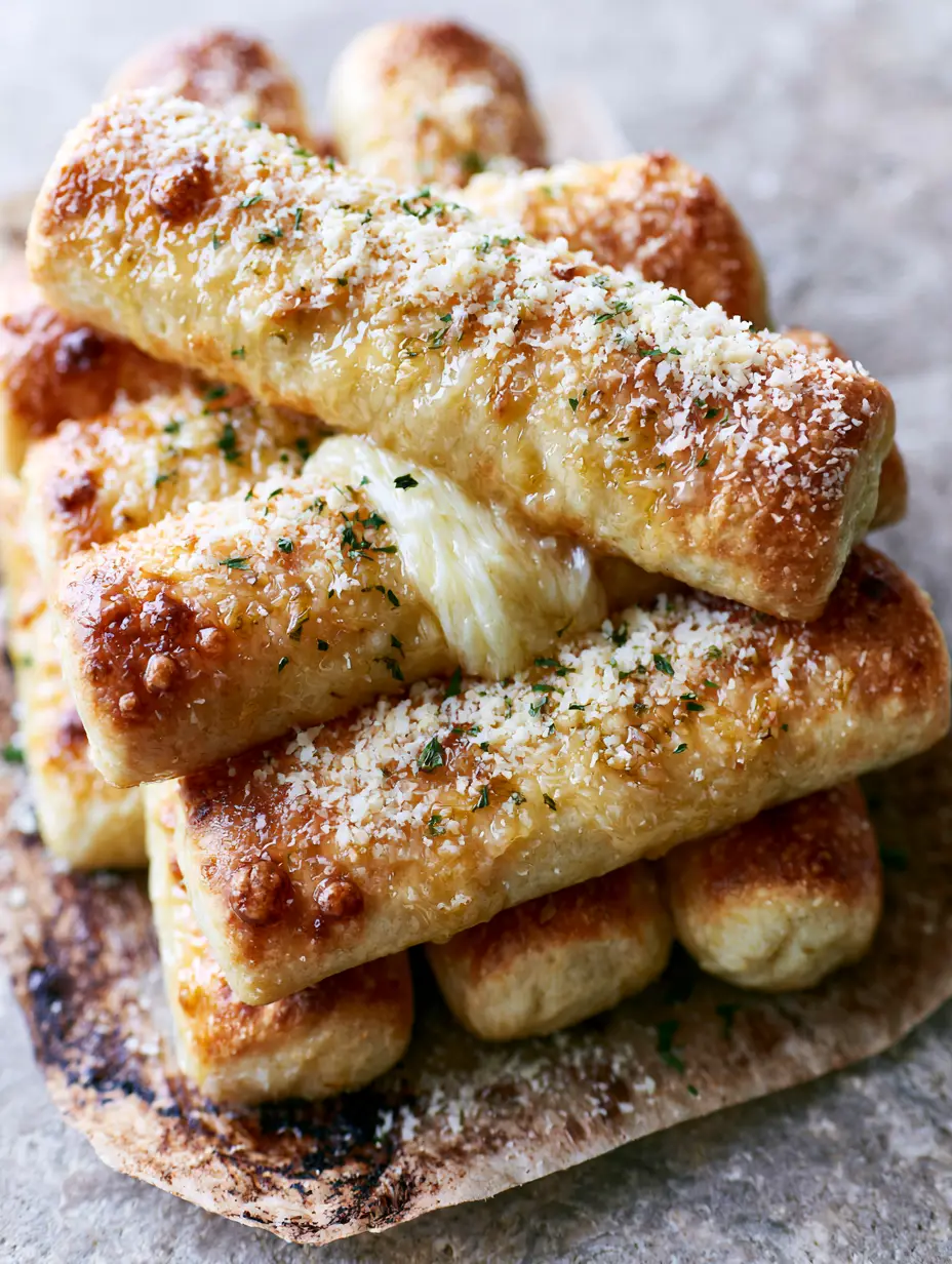 Close-up of golden-brown breadsticks glistening with garlic butter and snowy parmesan. (Little Caesars)