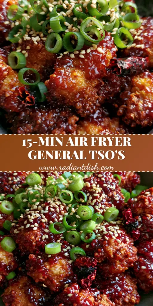 A top-down angled shot of extra crispy general tso's chicken in a dark bowl with mahogany glaze, sesame seeds, and green scallions.