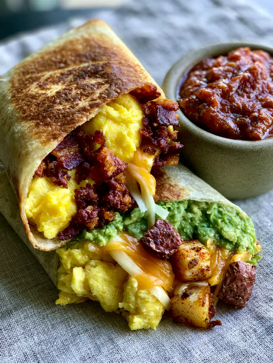 Overhead smartphone photo of a breakfast burritos recipe revealing bright yellow eggs and mahogany bacon layers.