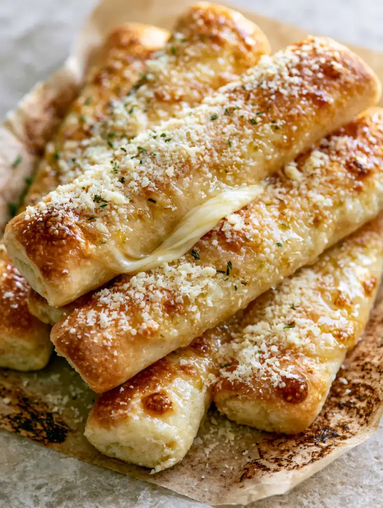 A pile of garlic breadsticks with green parsley flecks and a visible cheese pull on a stone countertop.